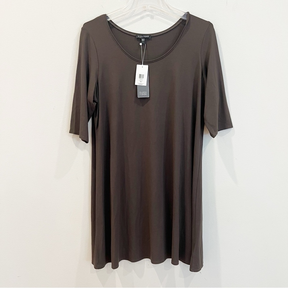 Eileen Fisher Tunic Top Womens Large Chocolate Brown Fine Jersey Scoop Neck NEW
